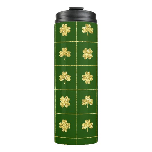 GROENEN MET GOLD GLITTER KIJKEN IRISH SHAMROCKS AA THERMOSBEKER (Voorkant)