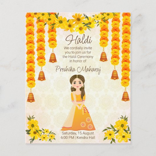 Groenen schatje Indiaas meisje Haldi budget uitnod (Voorkant)