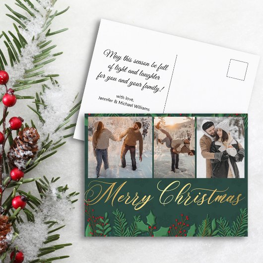 groener kerstfeest goud groen 3 fotocollage paar briefkaart