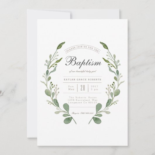 Groenere krans | Waterverf Doop Uitnodigen Kaart (Voorkant)