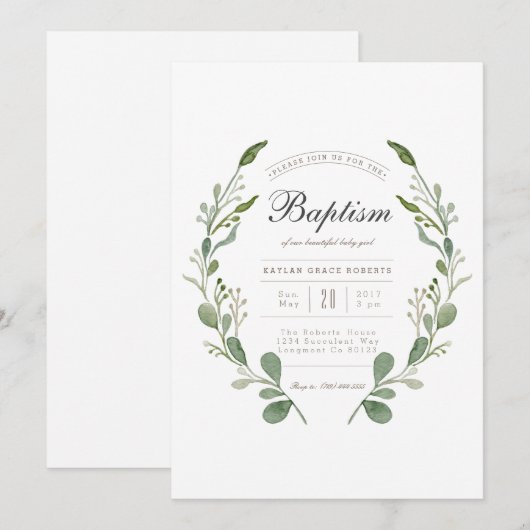 Groenere krans | Waterverf Doop Uitnodigen Kaart (Voorkant / Achterkant)
