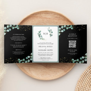 Groenheid Goud Eucalyptus Zwart QR Code Trouwen Drieluik Uitnodiging