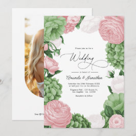 Groenige Salie, Blush & Witte Bloemige Trouw Kaart