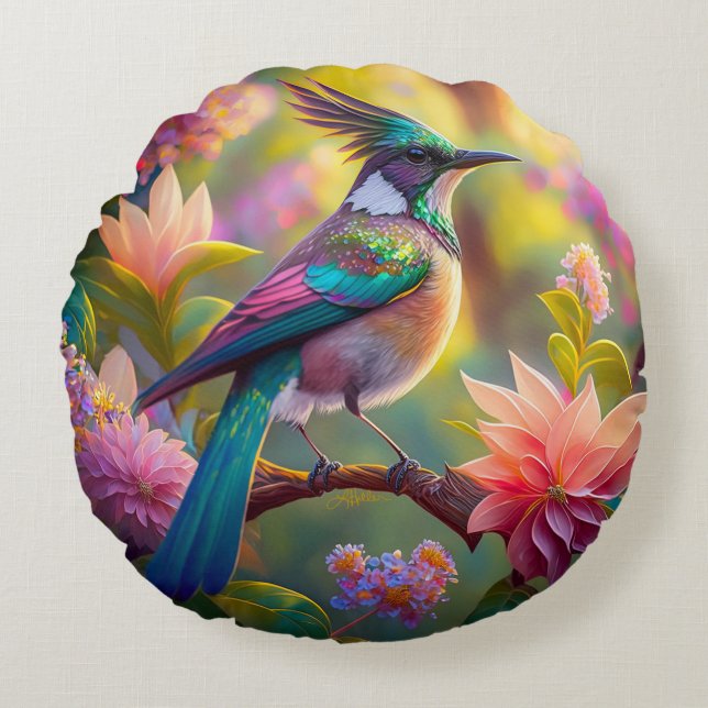 Groenkop Vlaamse Gaai Fantasie Vogel Rond Kussen (Voorkant)