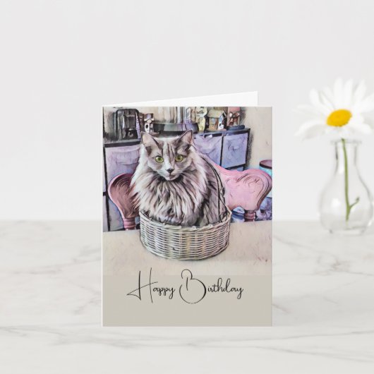 Groenogige kat in mand verjaardag kaart (Kleine Plant)