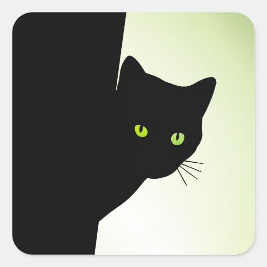 Groenogige Zwarte Kat Vierkante Sticker (Voorkant)