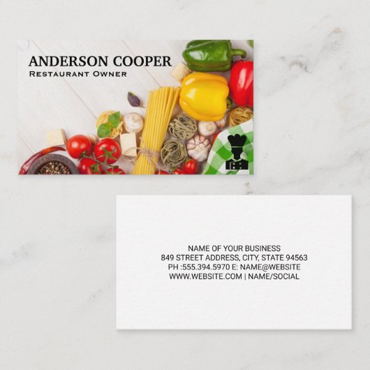 Groente en pasta op tafel visitekaartje (Voorkant / Achterkant)