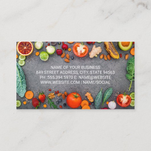Groenten en fruit in de tabel visitekaartje (Achterkant)