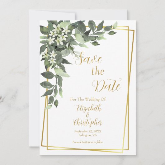 Groenvoorziening Eucalyptus Gouden Lijst QR-code T Save The Date (Voorkant)