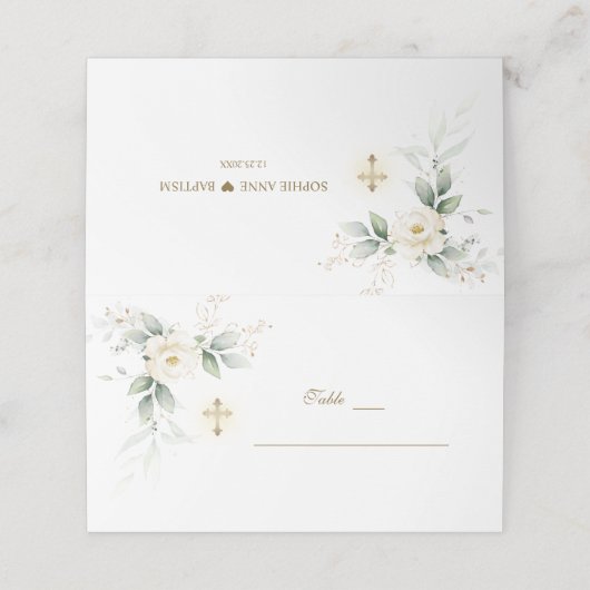 Groenwit Bloem Gouden Doop Tafelnummer Plaatskaartje (Buitenkant ongevouwen)