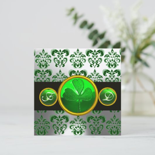 GROENWITTE DAMASK, SHAMROCK MONOGRAM, zwart Kaart (Staand voorkant)