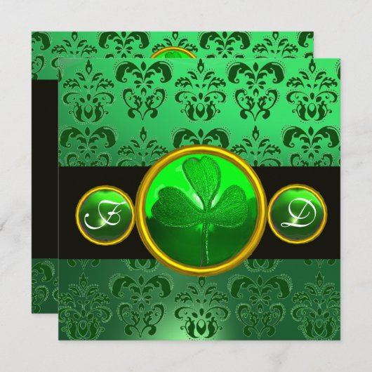 GROENZWARTE DAMASK, SHAMROCK MONOGRAM KAART (Voorkant / Achterkant)