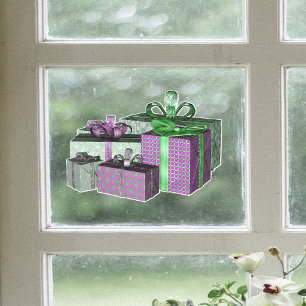 Groep Glanzend Ingepakte Kerstcadeaus Groen Paars Raamsticker