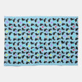 Groep Lente Zwart Zittende Konijnen Bloemen op bla Theedoek (Horizontaal)