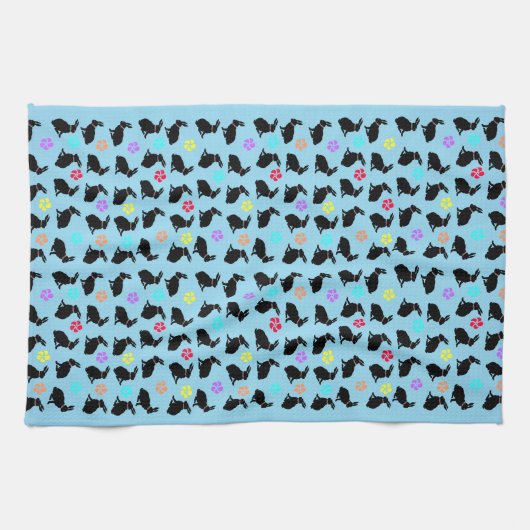 Groep Lente Zwart Zittende Konijnen Bloemen op bla Theedoek (Horizontaal)