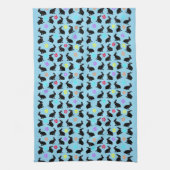 Groep Lente Zwart Zittende Konijnen Bloemen op bla Theedoek (Verticaal)