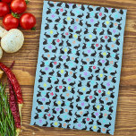 Groep Lente Zwart Zittende Konijnen Bloemen op bla Theedoek<br><div class="desc">Deze keukenhanddoek is lichtblauw met een groep zittende lentekonijnen die kleurrijke bloemen om hun nek dragen met een strooien van verschillende gekleurde bloemblaadjes.</div>