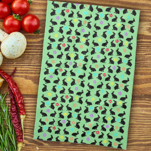 Groep Lente Zwart Zittende Konijnen Bloemen op Gro Theedoek