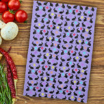 Groep Lente Zwart Zittende Konijnen Bloemen Paarse Theedoek<br><div class="desc">Deze keukenhanddoek is paarse met een groep zittende lentekonijnen die kleurrijke bloemetjes om hun nek dragen met een bestrooiing van verschillende gekleurde bloemblaadjes.</div>