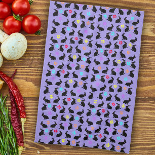 Groep Lente Zwart Zittende Konijnen Bloemen Paarse Theedoek