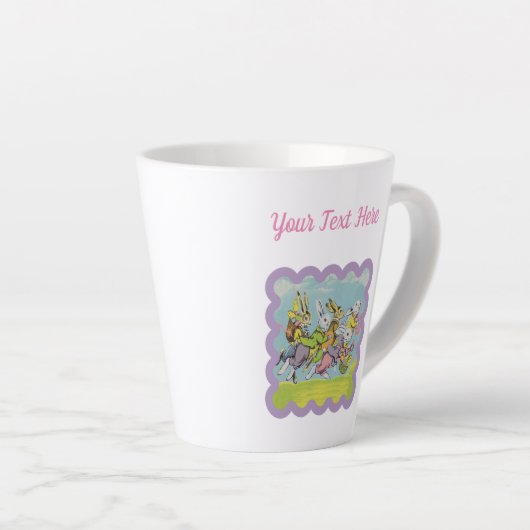 Groep Running Paaskonijnen in gras Eieren Manden Latte Mok (Rechterhoek)