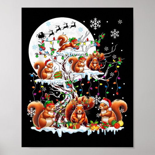 Groep Santa Rendier Elf Eekhoorns op kerstboom Poster (Voorkant)