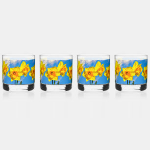 Groep van narcissen gouden medaille bloemen whisky glas