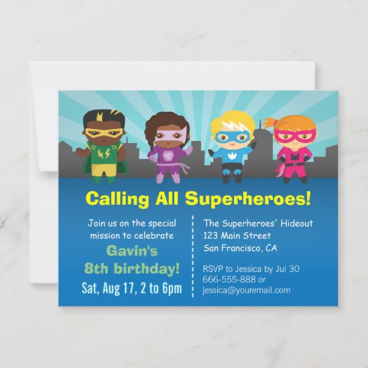 Groep van Superhero Kids verjaardagsfeestje uitnod Kaart (Voorkant)