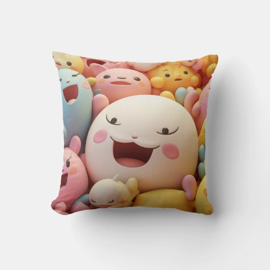 Groep van zachte, gelukkige wezens in pastels kussen (Voorkant)