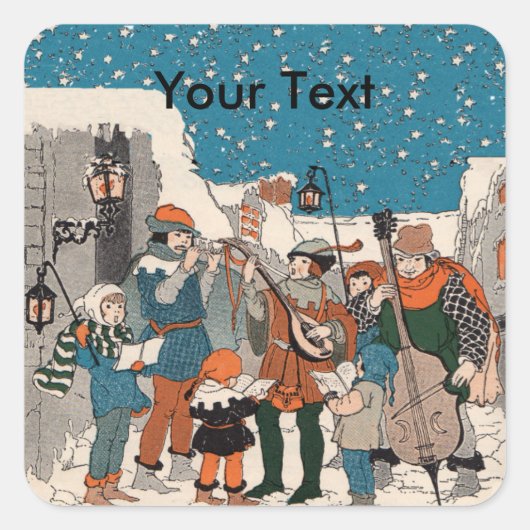 Groep Vintage Kerst Carolers Musici Sneeuw Vierkante Sticker (Voorkant)