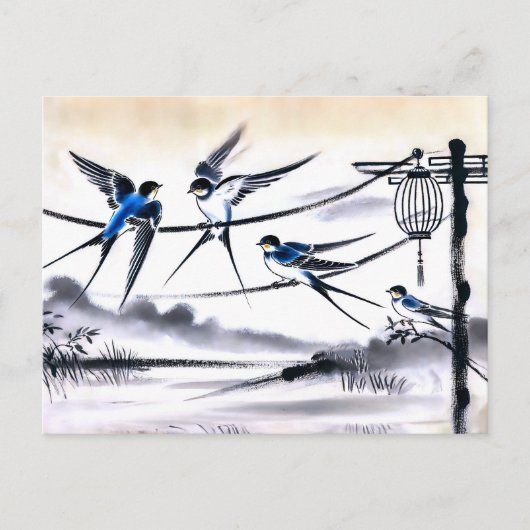 Groep zwaluwen verzamelen op een Power Line in Chi Briefkaart (Voorkant)