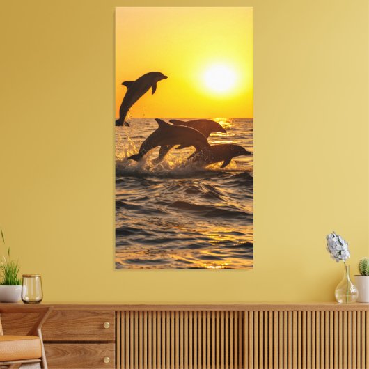 Groepen dolfijnen springen vrolijk uit de golven canvas afdruk (Insitu (Woonkamer))