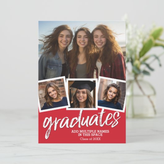 Groepsafstudeerfeest - 4 foto's rood kaart (Staand voorkant)