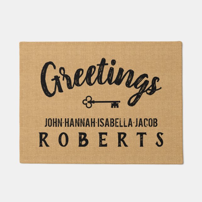 Groeten Burlap Boerderij Feedsack gepersonaliseerd Deurmat (Voorkant)