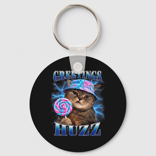 Groeten Huzz Grappige Kat Meme Bootleg Grafische K Sleutelhanger (Voorkant)