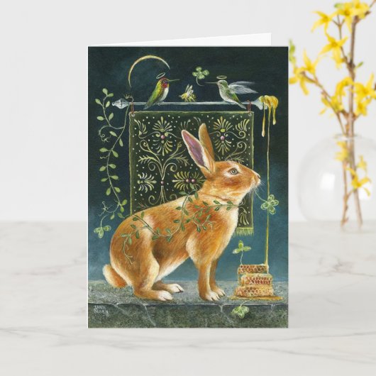 Groeten Kaart - Whimsical Haas en kolibries (Gele Bloem)