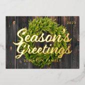 Groeten land Rustic Pine Wreath Wood Folie Feestdagenkaart (Voorkant)