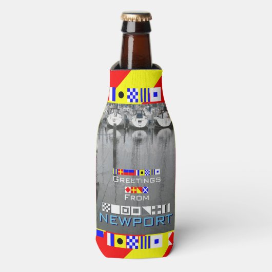 Groeten Newport RI nautische vlaggen gepersonalise Flesjeskoeler (Fles Voorkant)