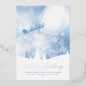 Groeten Santa Script Blue Snow Echte Folie Folie Feestdagenkaart (Voorkant)