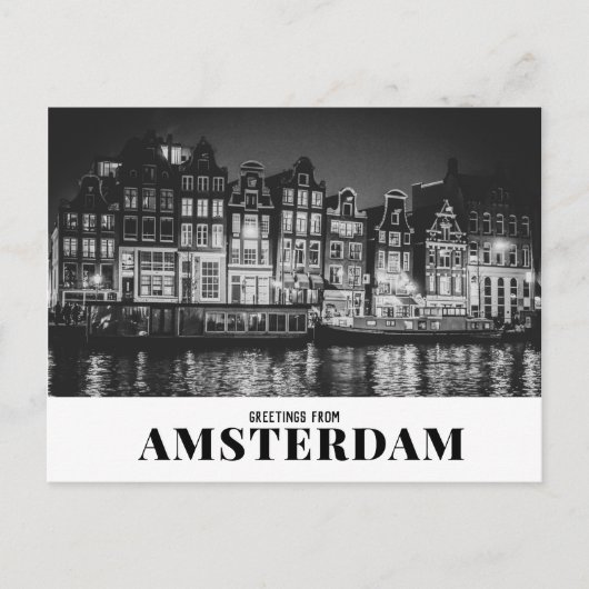 Groeten uit Amsterdam Black & White Night Briefkaart (Voorkant)