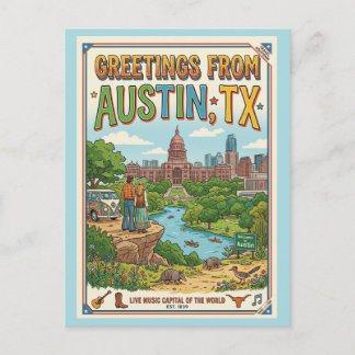Groeten uit Austin TX Retro Kleurrijk Briefkaart