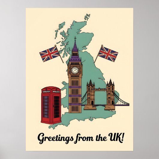 Groeten uit de UK Britse Landmarks Reis Poster (Voorkant)