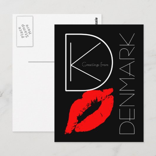 Groeten uit Denemarken Rode Lipstick Kiss Black Briefkaart (Voorkant / Achterkant)