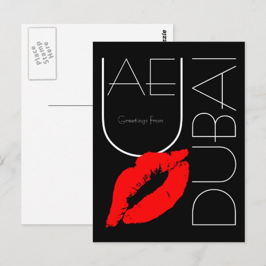 Groeten uit Dubai Red Lipstick Kiss Black Briefkaart (Voorkant / Achterkant)