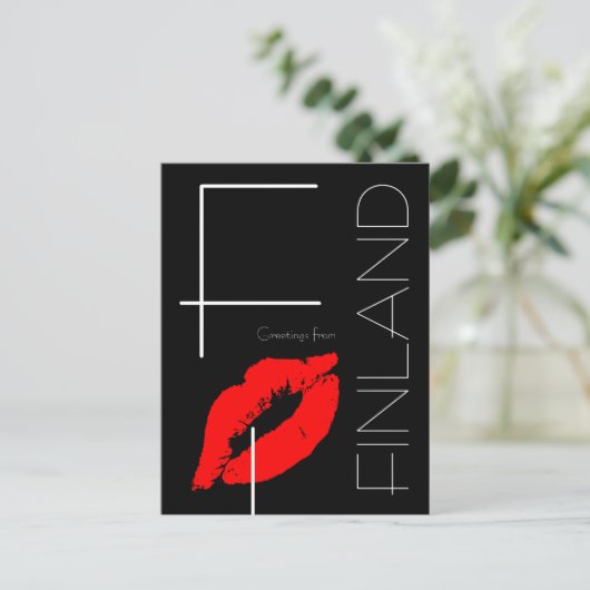 Groeten uit Finland Rode lipstick Kiss Black Briefkaart (Staand voorkant)