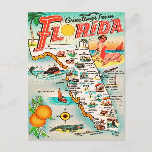 Groeten uit Florida Map Vintage Travel Briefkaart (Voorkant)