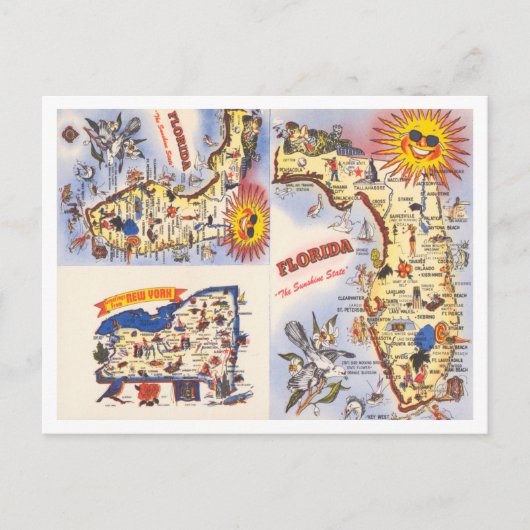 Groeten uit Florida, New York Map Travel Briefkaart (Voorkant)