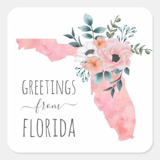 Groeten uit Florida. Travel. Aquarel Bloemen Vierkante Sticker (Voorkant)