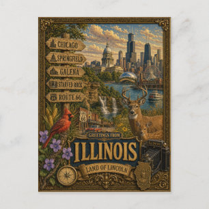 Groeten uit Illinois   Vintage Retro Kunst Briefkaart