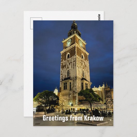 Groeten uit Krakau Stadhuis Tower Night Polen Briefkaart (Voorkant / Achterkant)